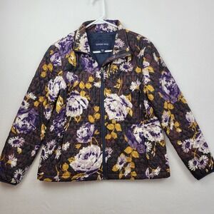 Lands End Quilted Floral Puffer Jacket Womens Medium Petite 10 12 Primaloft Coat